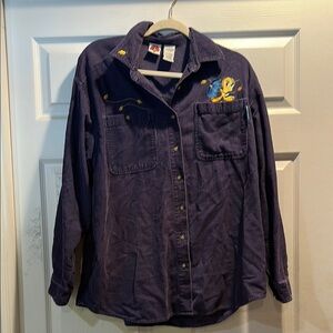 Vintage Looney Tunes Tweety Bird Navy Corduroy Shirt Shacket L Jacket Flannel